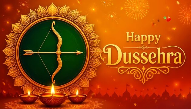 Happy Dussehra Festive Banner with Golden Bow and Arrow Design. 