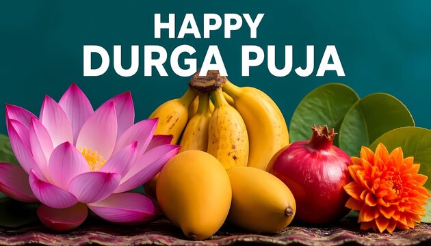 Happy Durga Puja Greeting Card with Lotus Flowers and Puja Fruits. 