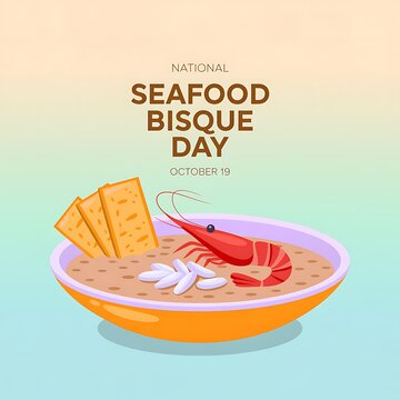 National seafood bisque day october 19 illustration with shrimp and crackers in a bowl