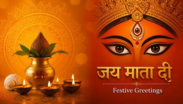 Jai Mata Di Festive Greetings with Goddess Durga Face and Kalash. 