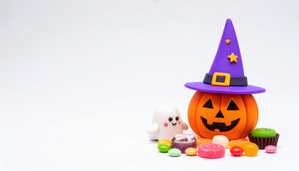 魔女の帽子をかぶったかぼちゃと可愛いおばけのフィギュアとカラフルなお菓子（ハロウィン・白背景） © 千変万化
