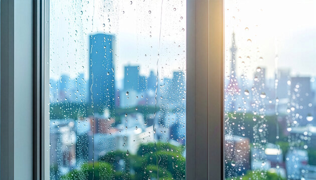 雨粒が流れる窓ガラス越しに見える東京タワーと雨の都会の街並み（梅雨・哀愁・オフィス）