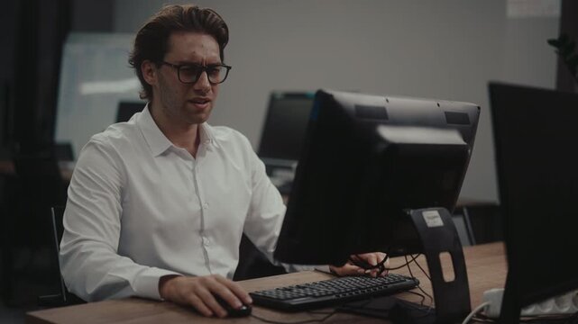 Stressed male employee working late at desk becomes frustrated with computer problem. Confused and angry businessman gestures at monitor, expressing disbelief and annoyance. Shooting in slow motion.