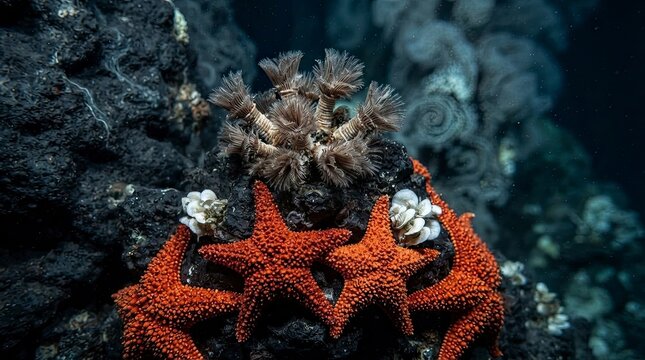 Deep sea starfish and hydrothermal vent fauna