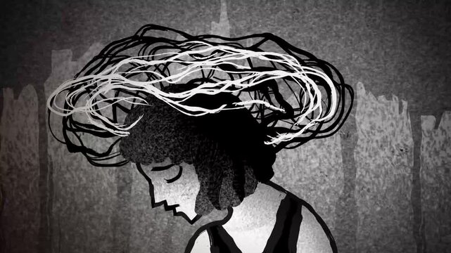 sad woman walking with a tangled web of thoughts above her head