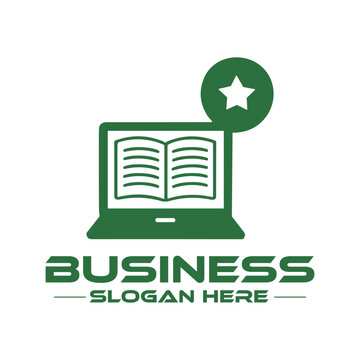 Digital learning logo design with open book on laptop screen and star icon