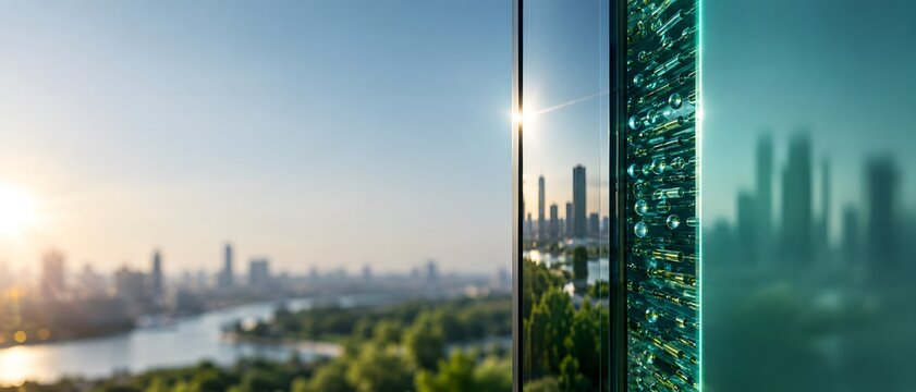 Macro close up of modern double glazed smart window glass structure with green insulation matrix facing sunny city skyline, premium real estate architecture and energy saving technology banner 