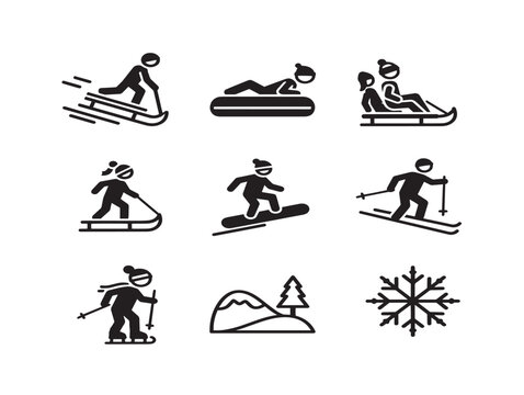 Winter sports icons set: skiing, sledding, snowboarding flat line silhouettes for design projects