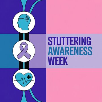 Stuttering awareness week banner with awareness ribbon and medical icons