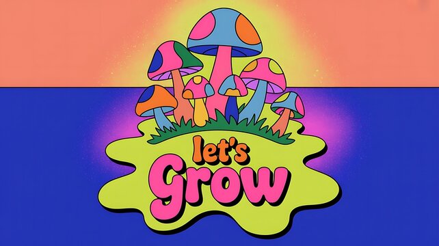 Colorful psychedelic mushroom illustration with lets grow text in a retro groovy style on a gradient background