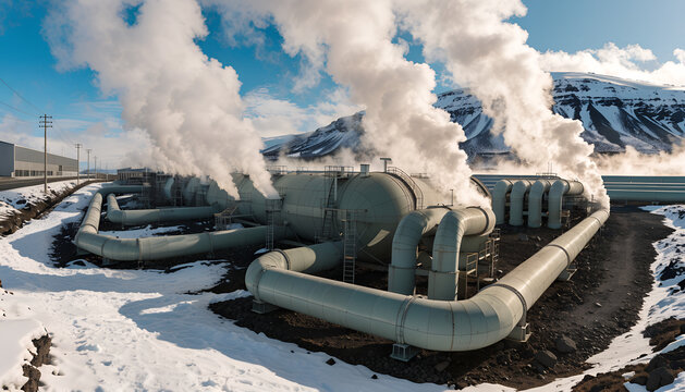 Geothermal power plant in snowy volcanic landscape: sage-green pipes, steam plumes, mountains. Renewable energy, industrial nature harmony.