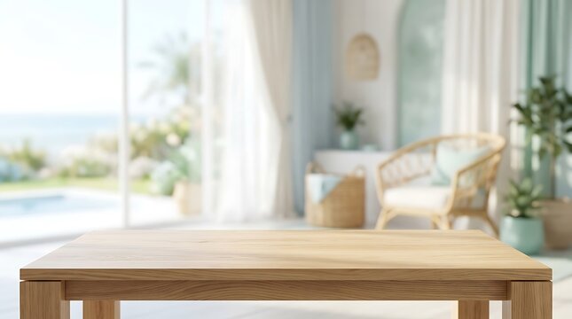 Empty Wooden Table Surface with Blurred Modern Living Room Interior and Pool View Background for Product Placement Web.