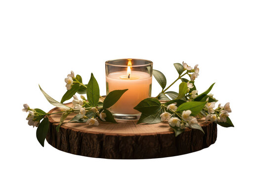 Burning candle with white flowers on a wooden log slice isolated on transparent background