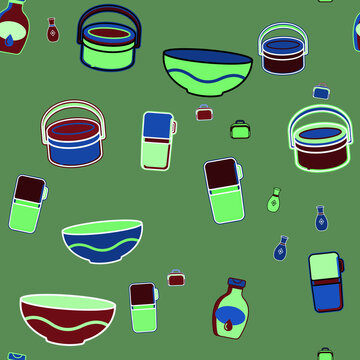 Seamless pattern of stylized containers and bowls