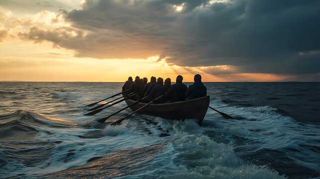 Team rowing a small boat across the ocean at dramatic sunset with waves and dark storm clouds