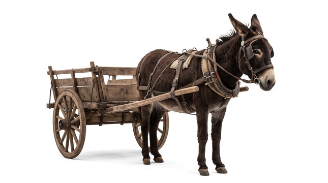 Working donkey harnessed to a simple wooden cart, representing traditional transportation and rural agriculture.