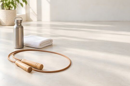 Springseil mit Holzgriffen neben Trinkflasche und Handtuch im hellen Trainingsraum