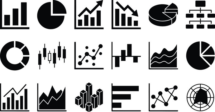 Data analytics business chart financial market diagram and statistics solid glyph icon set for corporate reports presentation interfaces