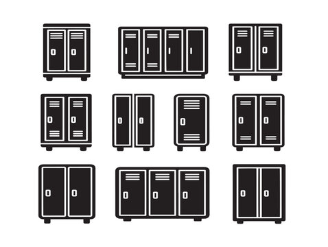 Set of black locker icons for school gym storage and industrial metal cabinet design