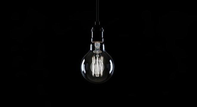 Light bulb photo, vintage Edison style hanging in the dark, glowing filament against black background