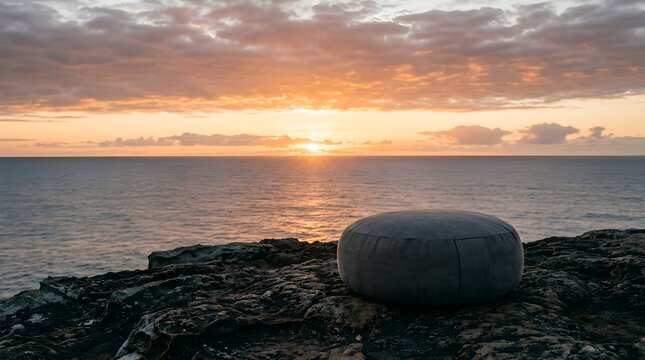 Round fabric meditation zafu cushion resting on rugged rocky cliff overlooking the vast ocean at radiant golden sunset horizon.