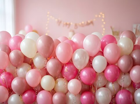 Romantic balloon wall backdrop in shades of pink and pearl for wedding or celebration