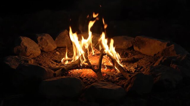Outdoor burning campfire scene, live shooting of campfire flames
