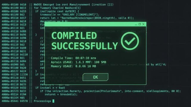 computer progress bar showing one hundred percent completion displayed inside a digital interface window over a background of complex scrolling software source code on a dark monitor screen