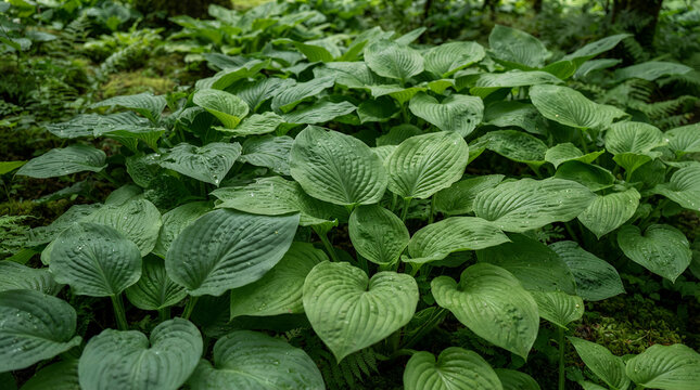 Green lush hosta leaves in a natural setting with a refreshing vibe
