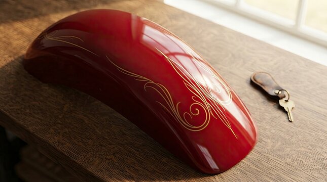 Red motorcycle fender with pinstriping and key on table