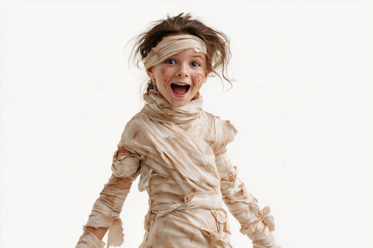 Mummy Costume on White Background with Smiling Child Wearing Playful Halloween Horror Disguise and Head Bandages