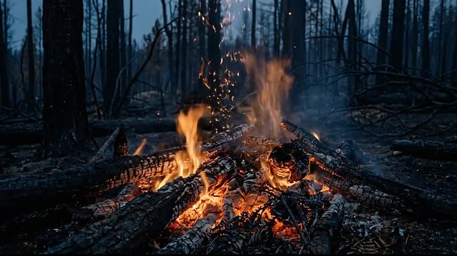 sequence of a forest fire burning through charred trees during twilight creates a dramatic scene