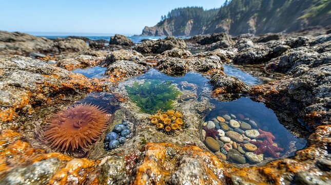 Tide pools with marine life on rocky coast