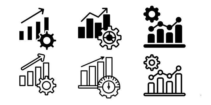 Business analytics icon set, data growth charts with gears, financial performance symbols for dashboard design