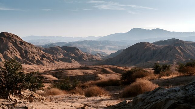 Vast desert valley with layered mountain ranges under clear sky  featuring dry terrain and sparse vegetation