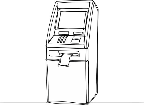 Continuous single line of an automated teller machine, bank atm kiosk with a screen, keypad, and cash dispenser, white background