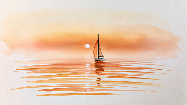A sailboat glides on calm water during a warm, orange-hued sunset, reflecting the serene sky on gentle waves in this peaceful watercolor painting.