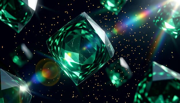 Abstract floating emerald glass prisms with glowing light flare background