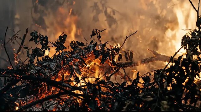 Intense wildfire burning through dense foliage with thick smoke and fiery flames