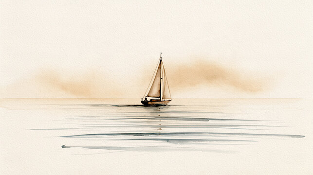 A minimalist watercolor painting depicts a single sailboat gliding on calm waters with subtle reflections and a soft, muted background.