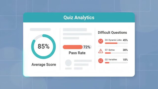 digital quiz analytics dashboard card showing an 85 percent average score and 72 percent pass rate displayed against a blue grid background representing data visualization and testing metrics