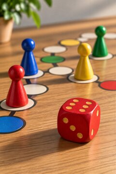 Board game with colorful pawns and dice on a game path representing strategy, competition and decision making