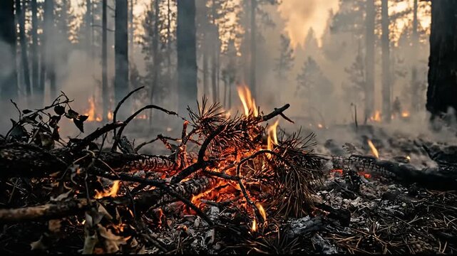Forest Fire Flames and Smoke Rising Amidst Trees in a Wildfire Scene