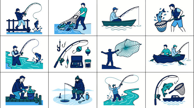 Fishing Vector Icon Set, Fisherman Casting Rod Net and Boat Flat Illustration Collection, 12 Outdoor Hobby Designs