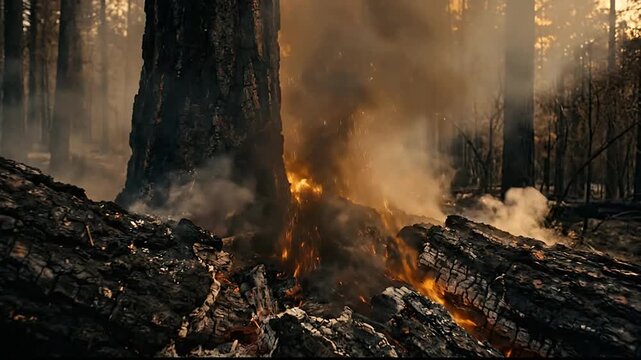 Wildfire Spreading Rapidly Through Forest Creating Smoke and Charred Trees