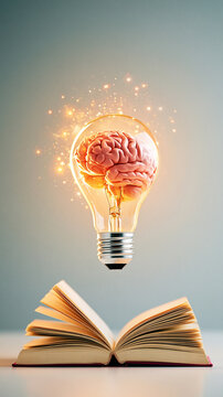 A glowing light bulb with a brain inside hovers above an open book, symbolizing knowledge, ideas, and creativity illuminating from learning.