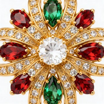 Close-up of gold floral jewelry with red green and clear gemstones