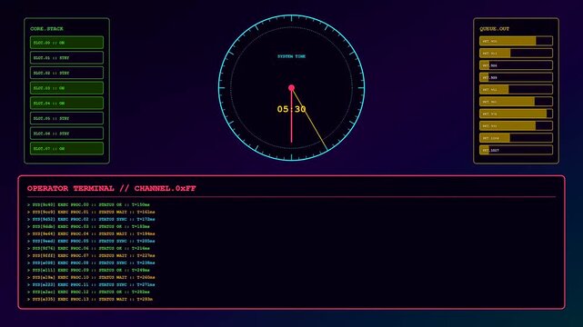 A digital operator interface displays complex system monitoring data with rotating circular graphs and glowing text panels during a simulated dark mode laboratory software terminal task