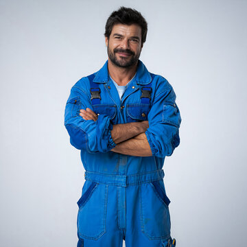 Male worker poses confidently against a clean studio background, present skilled labor, industrial work, and professional workforce.