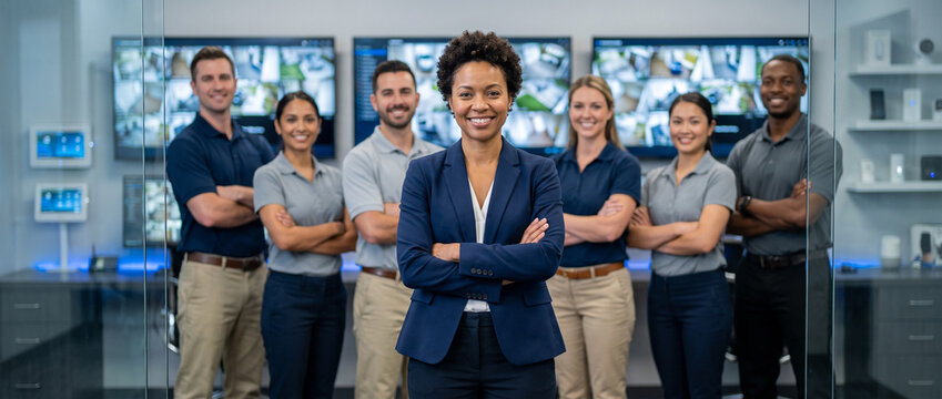 Home security manager leads diverse residential security team in modern operations office, highlighting alarm systems, monitoring services, smart home protection and customer support.